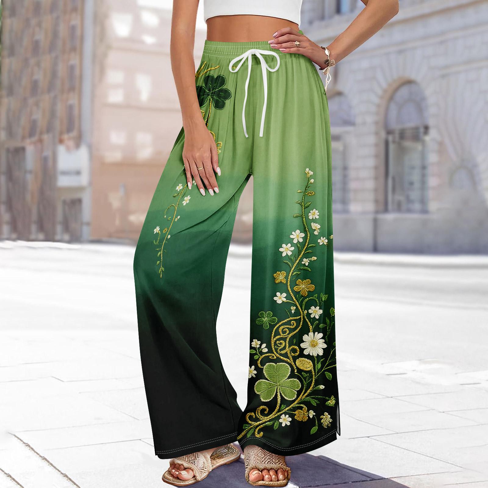 

Women Summer Boho Palazzo Pants High Waist Wide Leg Printing Casual Trousers With Pockets L