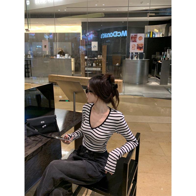 Kumikumi Pure Desire Style Contrast Color Stripe Sexy Temperament Long sleeves Shirt Women Autumn Slim fit Slimming Versatile Top