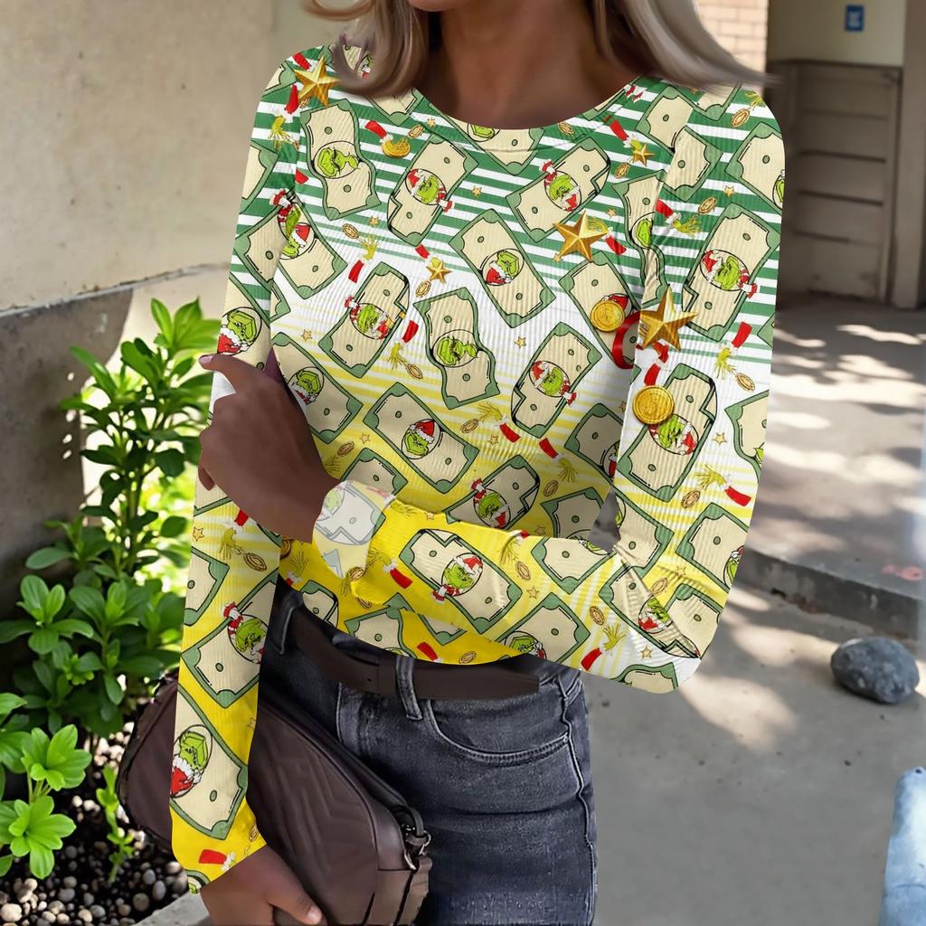 Women's Slim Fit Long Sleeve T-Shirt with Christmas Graphic, Neck Pullover Top for Holiday