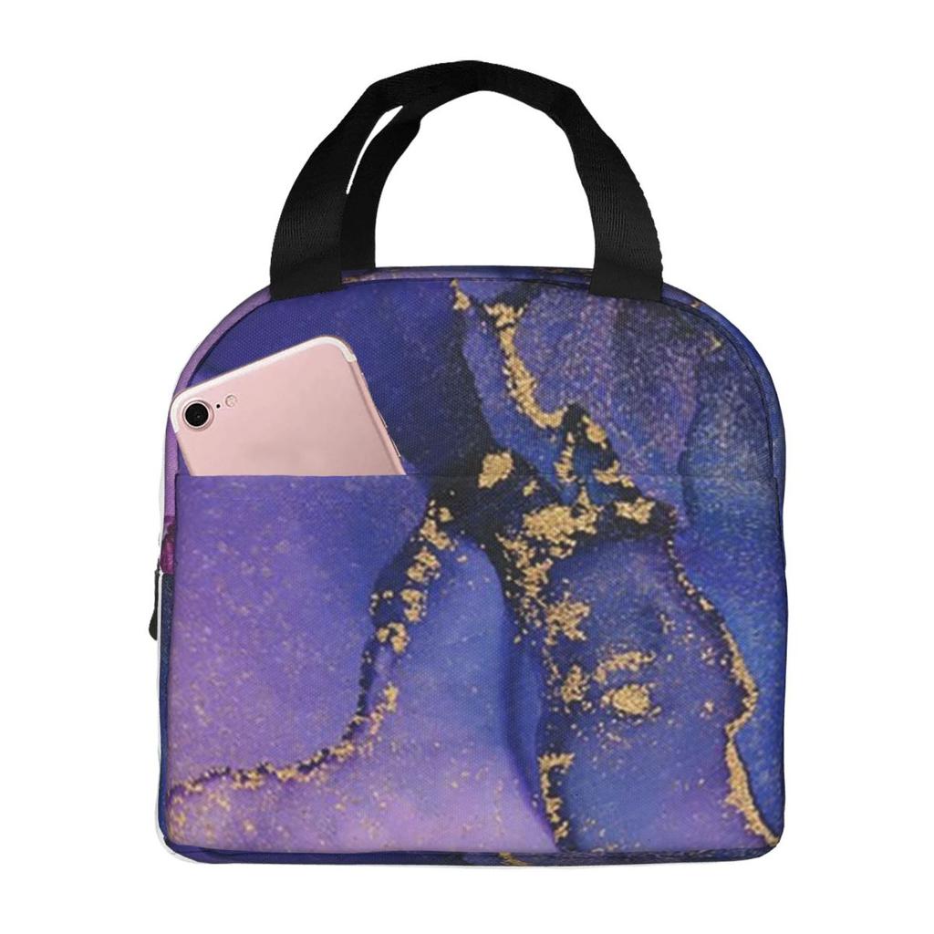 Blue Purple Gilded Luxury Gold Marble Insulated Lunch Bag for Women Cooler Thermal Food Box Tote Portable Lunch Boxes Container