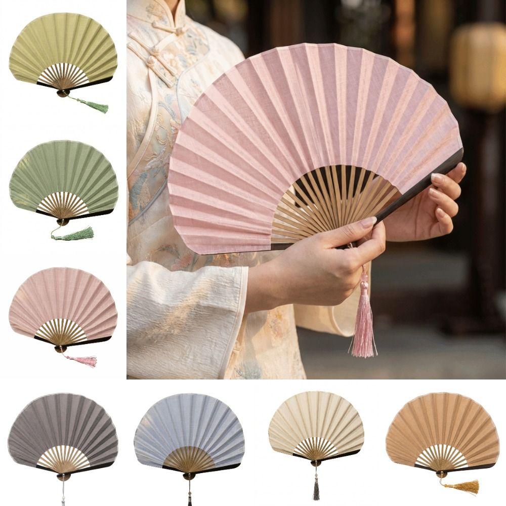 Cotton Linen Cloth Folding Hand Fan Solid Color Handheld Fan Retro Mini Shell Fan Dance Props