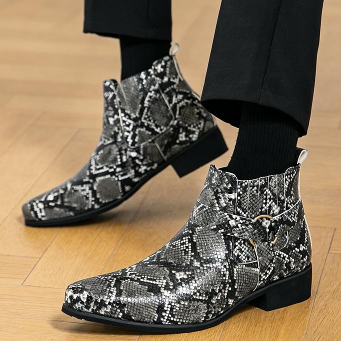 Fashion New Men's Pointed Rock Punk Snake Skin Leather Casual Chelsea Ankle Boot Male Winter High Tops  Shoes Zapatos Hombre