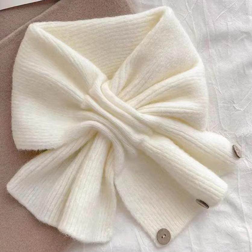 Short Scarf Women Autumn Winter Cross Knit Neck Warmer Korean Color Block Button Thermal Neck Cover