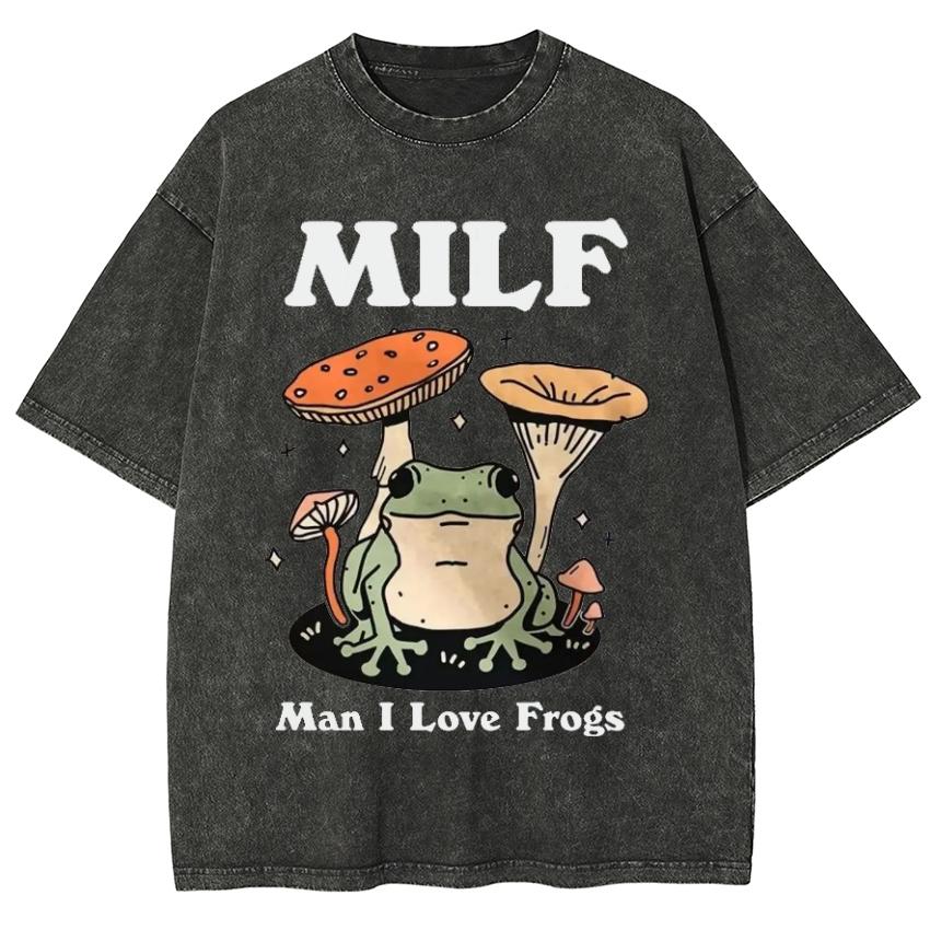 Pánská a dámská trička s potiskem žáby a houby Unisex Prací denimová látka Nadměrná velikost Krátký rukáv Vintage top Odřený