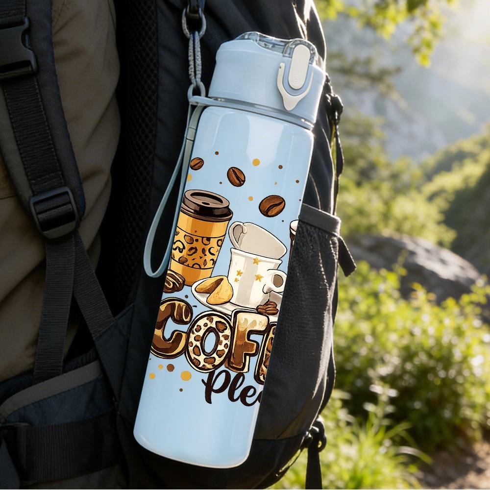 1PC Coffee Lover Coffee Cup Art Print 750ml Color Plastic Sports Water Bottle Leakproof Flip Straw Lid Suitable for Sports Office Home Use