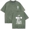 Retro Acid Wash Oversized T-Shirt Front Small Cross Back Jesus Figure Inspirational Text Casual Tops Asian Size