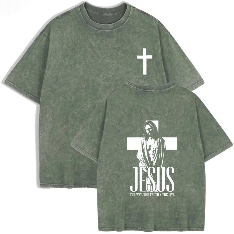 Retro Acid Wash Oversized T-Shirt Front Small Cross Back Jesus Figure Inspirational Text Casual Tops Asian Size