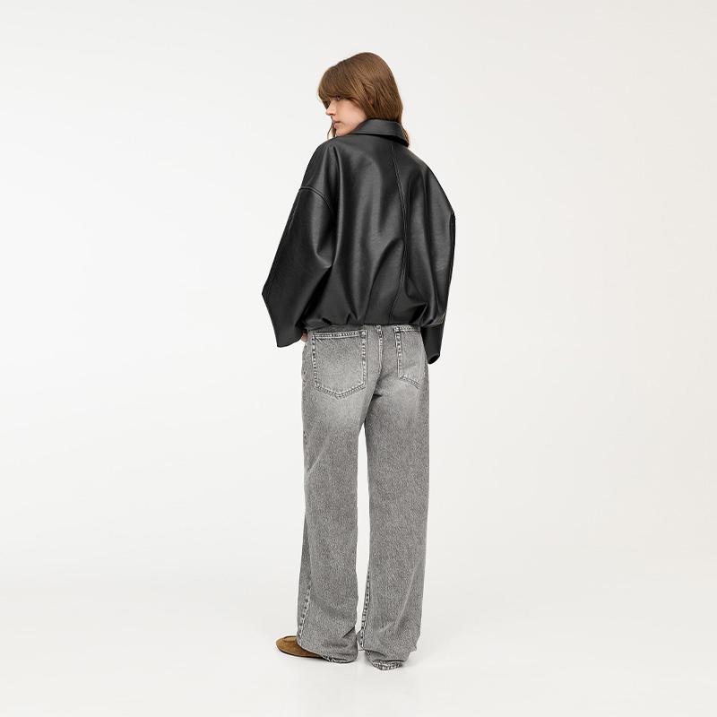 VAYLA Women's Fashion Lapel PU Leather Jacket Loose Full Sleeve Zipper Waist Belt Lace Up Coats