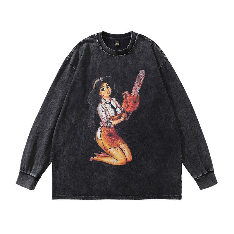 Washing Water Old Early Autumn Long-Sleeved T-Shirt American Retro Oversize Casual Top