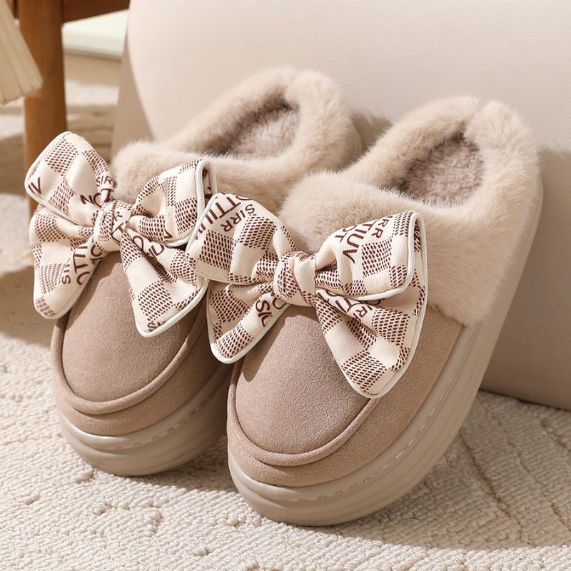 Fashion Thick Soled Women's Slippers 2024 New Winter Bow Decoration Home Interior with Plush Insulation Anti Slip Properties Platform