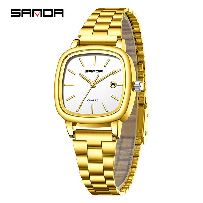Retro Light Luxury Gold Square Watch with Large Dial and Calendar - High-Value Steel Band for Couples