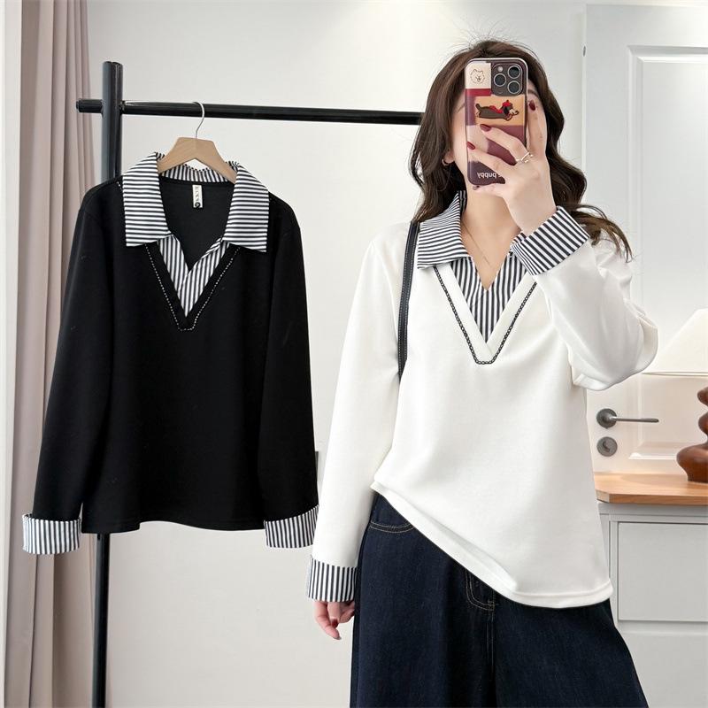 Spring Festival 2026: Plus Size Polo-Collar Long Sleeve Sweatshirt (2 Pieces) with Striped Collar Patchwork 8659