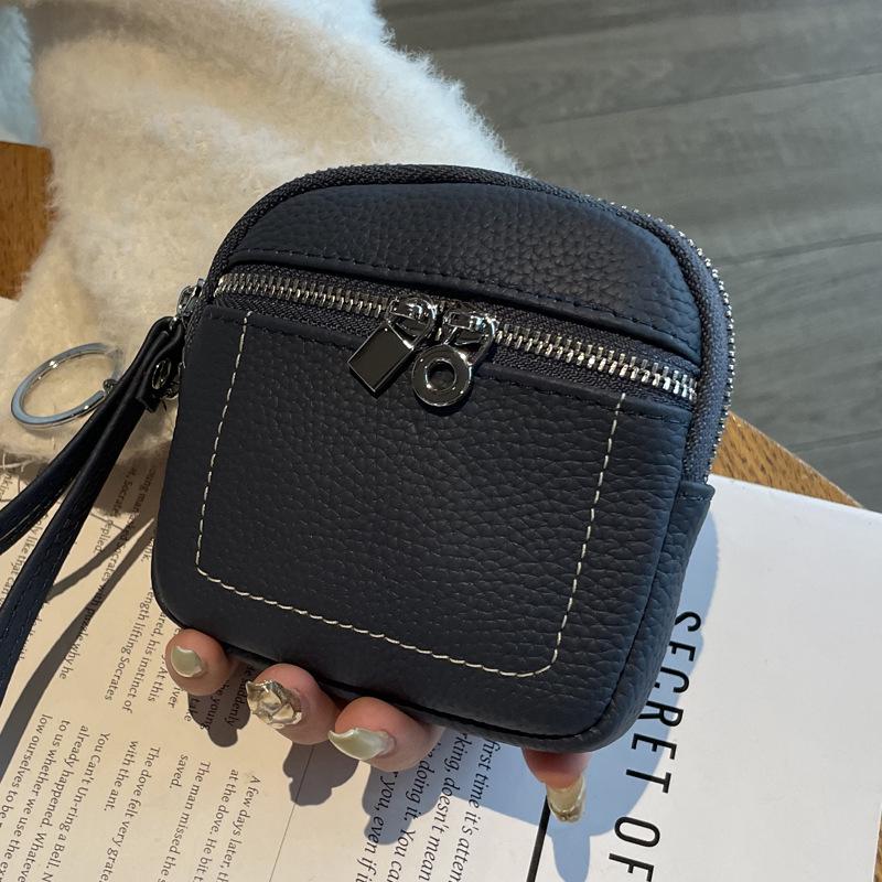 2025 Women's Genuine Leather Compact Wallet and Keychain - Lipstick, Earphone, and Coin Storage