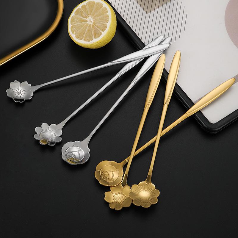Stainless steel long handle stirring spoon milk powder coffee spoon dessert spoon creative golden small spoon small round spoon