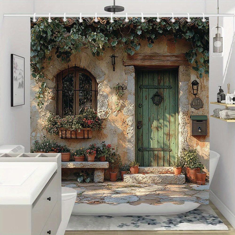 Rustic Stone Door With Ivy And Potted Plants Shower Curtain For Bathroom Decor, Perfect For Adding Vintage Charm