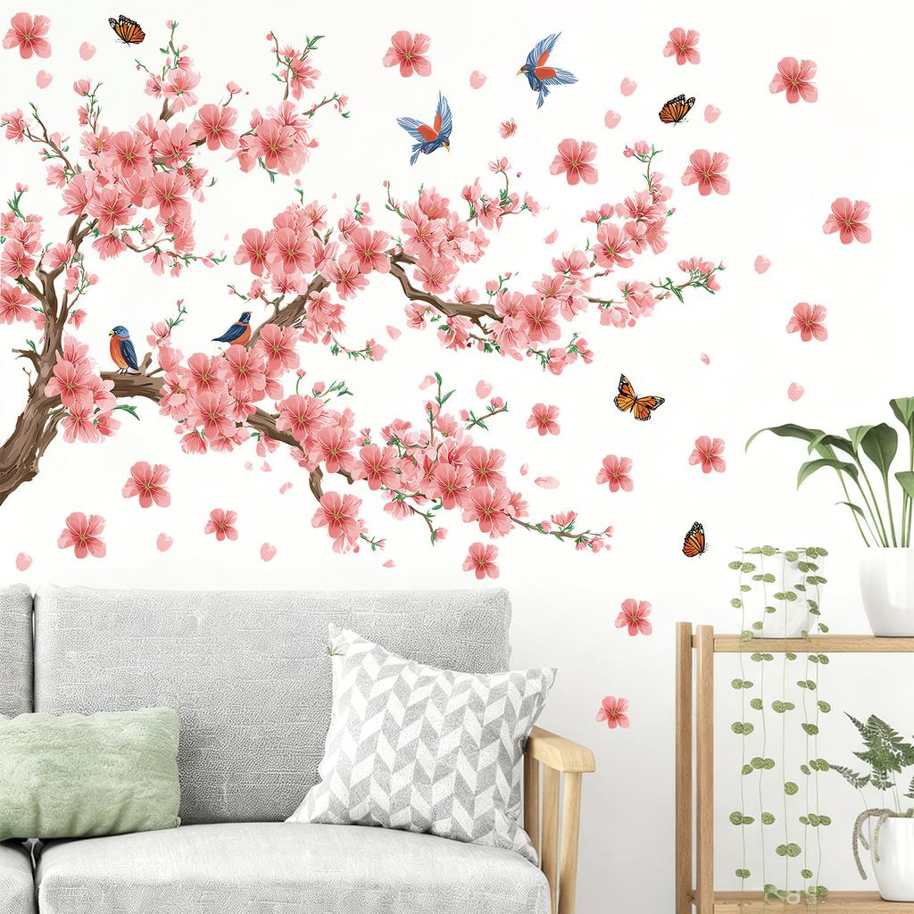 Wall Sticker Branch Cherry Blossom Birds Self Adhesive Wall Decal for Living Room Bedroom Home Decor