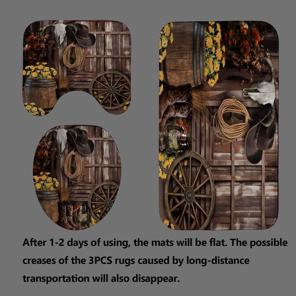 4PCS Western Shower Curtain Sets With Rugs, Country Barn Door Shower Curtain, Waterproof Fabric Brown Shower Curtain Cow Skull Cowboy Boots Hat