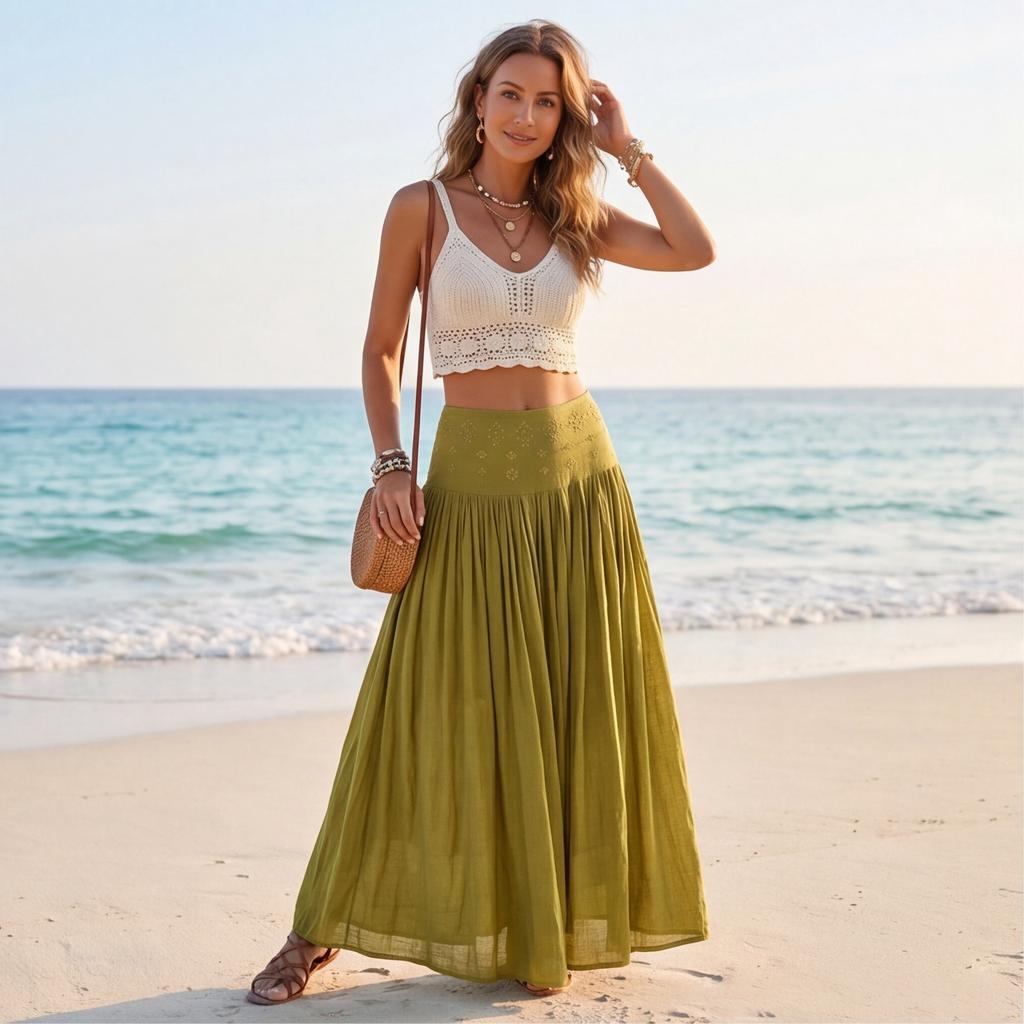 Gonna Lunga Donna Vita Alta Stile Boho Vita Elastica Gonna Lunga Pieghettata Tessuto Leggero e Fluido Abbigliamento Estivo