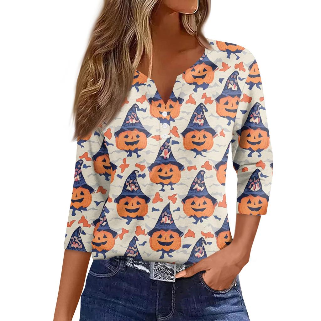 Damen Casual Mode Sexy Bequem V-Ausschnitt Halloween Siebenärmeliges Oberteil