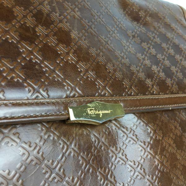 90s Vintage Ferragamo Leather Shoulder Bag Brown Embossed Pattern Women(USED)