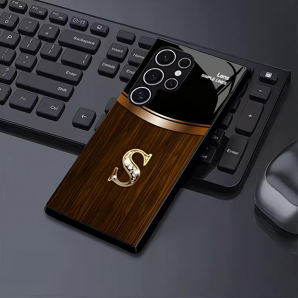 Wood grain letter S black glass phone case suitable for Samsung Galaxy S26 S25 S24 S23 S22 S21 S20 FE/Ultra/Plus anti drop