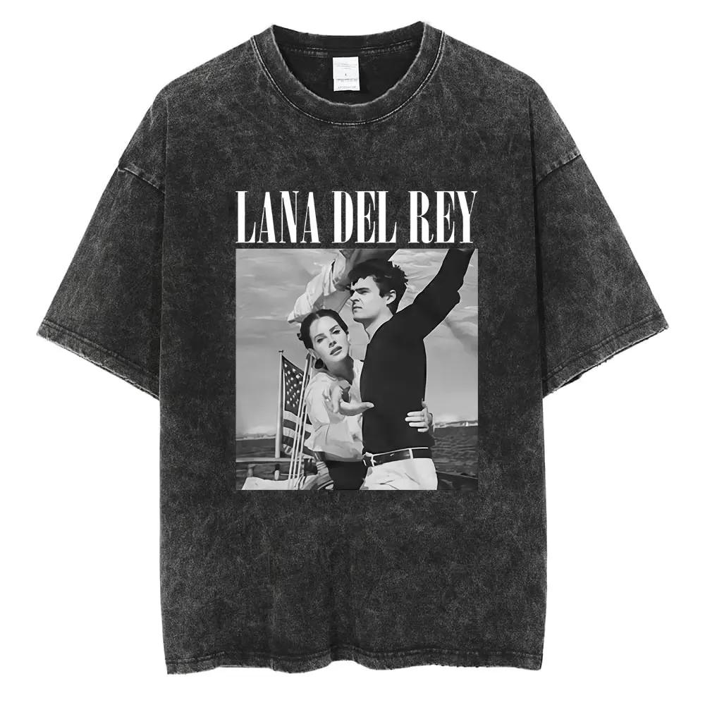 S Maglietta Lavata di Lana Del Rey Harajuku Uomo Donna Retro Manica Corta T-shirt alla Moda Cotone Oversize Streetwear