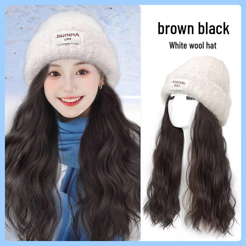 Women's Autumn/Winter Fashion: Wool Hat with Integrated Realistic Wavy Long Curly Hair, Full Coverage