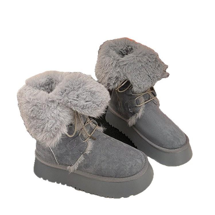 Cowhide version snow boots women's 2025 winter new fluffy boots thickened snow cotton thick-soled velvet thermal cotton shoes
