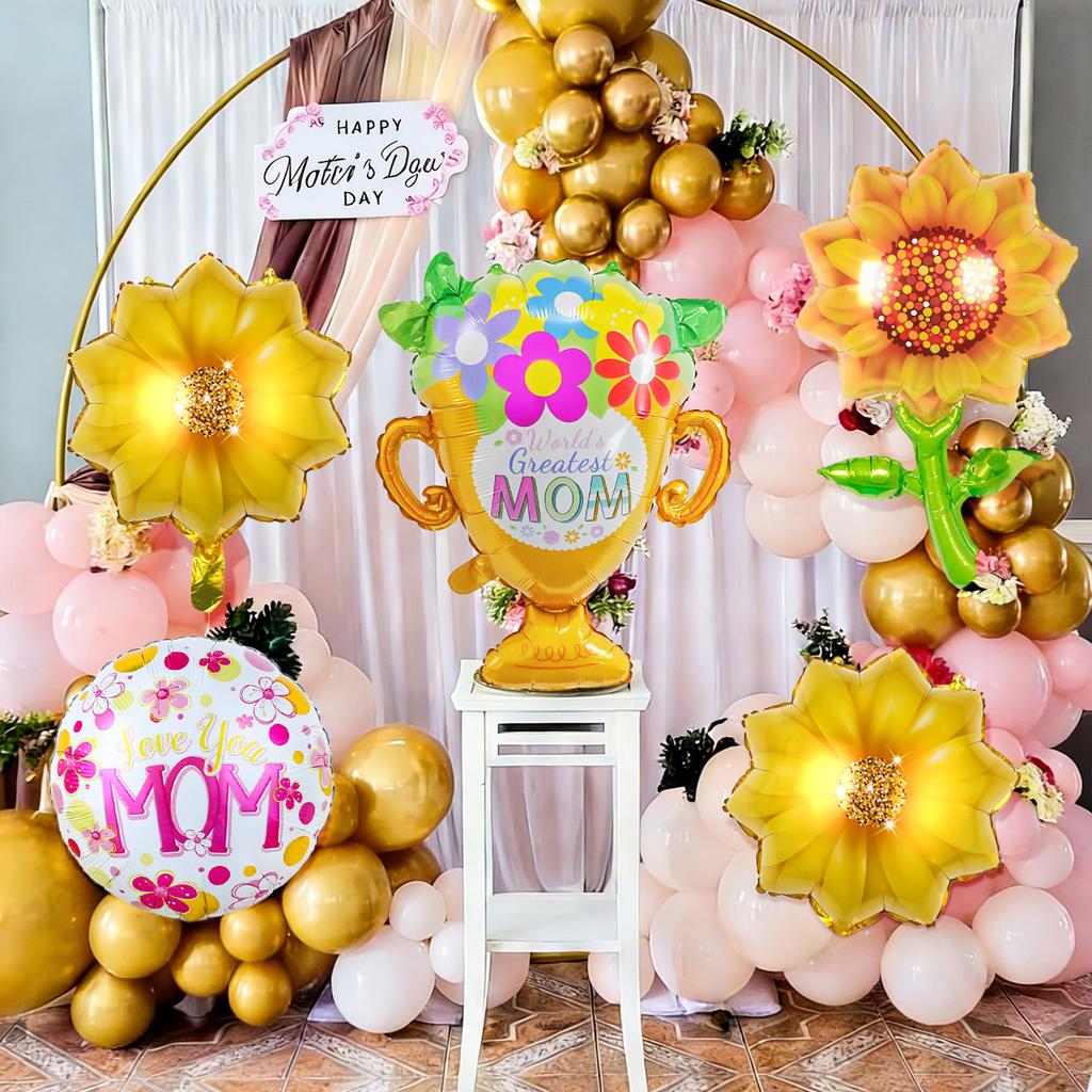 5pcs Mother's Day Decoration Balloon Set Sunflower Flower Basket Trophy Balloons Home Decor