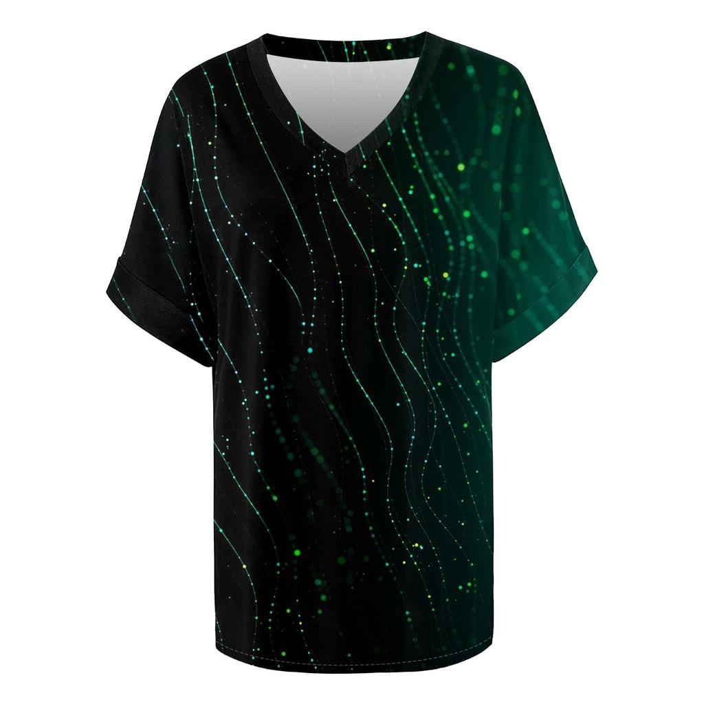 Women's Fashion Casual V-Neck T-Shirt Colour Block Splicing Printed Short Sleeve Loose Top