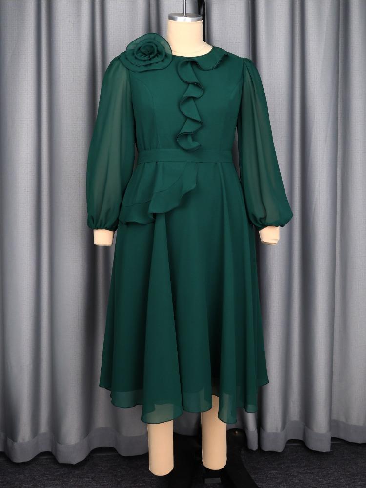 Damen Elegante Chiffonkleider O-Ausschnitt Kurze Puffärmel Patchwork 3D-Blume Rüschen Locker Büro Damen Kirche Winterkleider