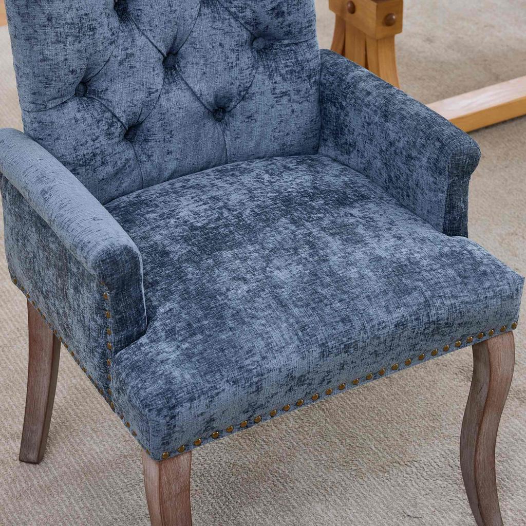 Upholstered Chenille Fabric Accent Dining Chair, Curved Solid Wood Legs, Elegant Tufted Dining Room Kitchen Arm Chair, Single Pack, Blue, DE1895BL