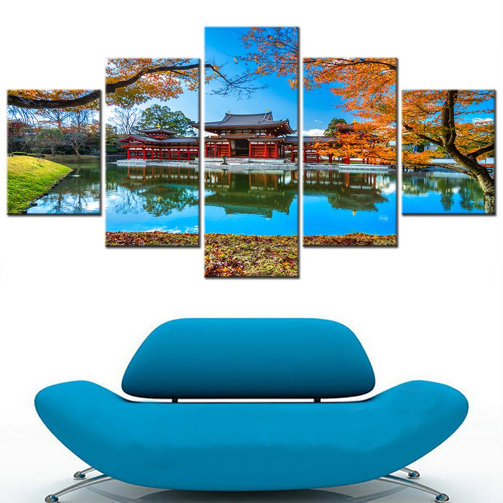 5Pcs Byodo-in-Temple-Japan-Landscape-Painting Canvas Wall Art Set Aesthetic Living Room Decor Home Decoration Photo