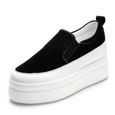Fashion Genuine Leather Women Shoes Platform Wedge Sneakers Chunky Shoes Slip On Slipon Black Women Casual Shoes Slipony Spring Autumn
