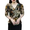 2026 Spring Elegant V-Neck Long Sleeve Printed Stretch Mesh T-Shirt for Women