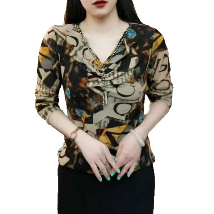 2026 Spring Elegant V-Neck Long Sleeve Printed Stretch Mesh T-Shirt for Women