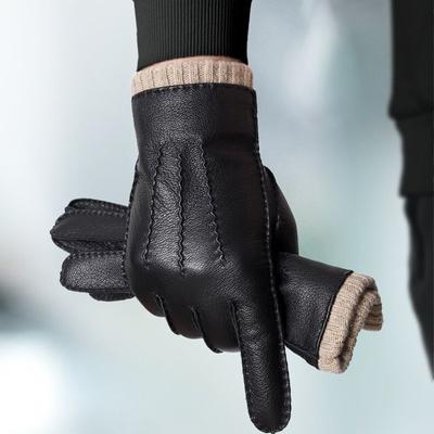 Men's Winter Handmade Leather Woollen Linning Touch Screen Driving and Cycling Thick Cotton Gloves