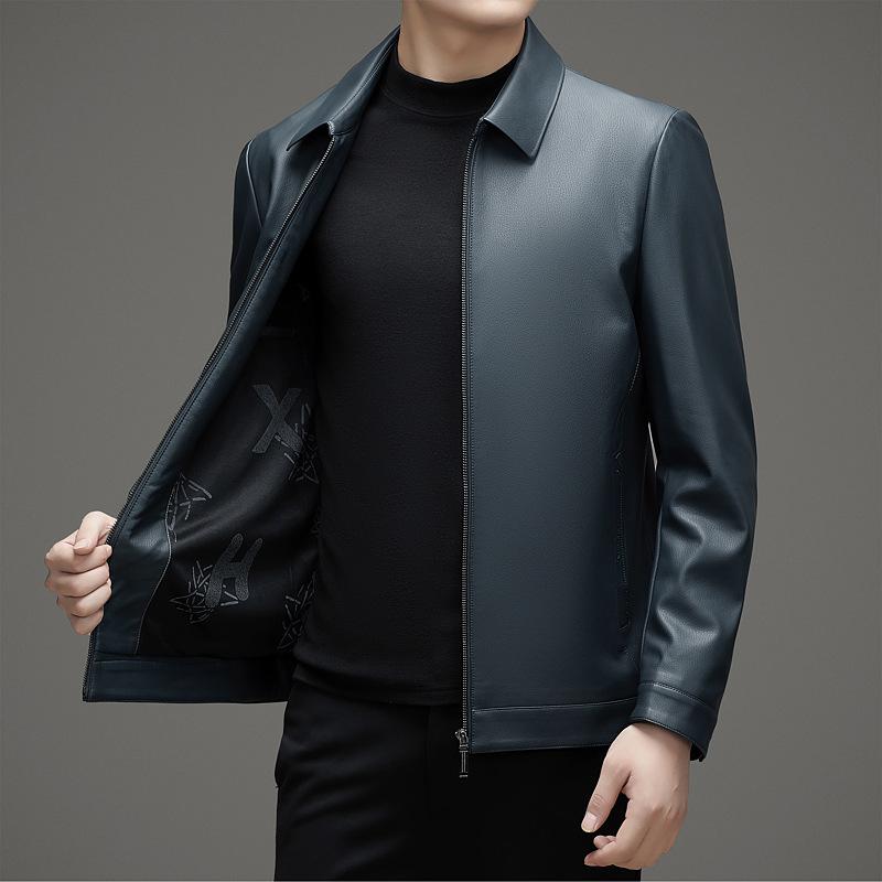 Весенне-осенняя куртка из овчины мужская для среднего возраста с лацканами — фото 5