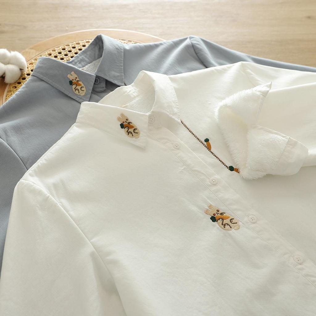 Women's Pure Cotton Flannel Long-Sleeve Shirt with Rabbit Embroidery - Warm, Thickened, Autumn/Winter Design