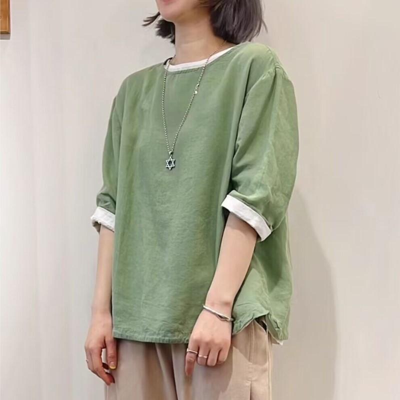 Johnature Women Casual T-Shirts O-Neck Seven Sleeve Solid Color Summer Loose Women Soft T-Shirts