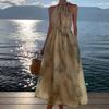 Sanya seaside skirt French loose temperament dress ink smudge printing suspenders holiday wind beach skirt summer