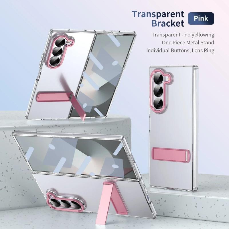 Luxury High Definition Transparent Phone Case for Samsung Galaxy Z Fold 7 6 5 4 Metal Holder Stand Screen Protector Shockproof Back Protect Cover