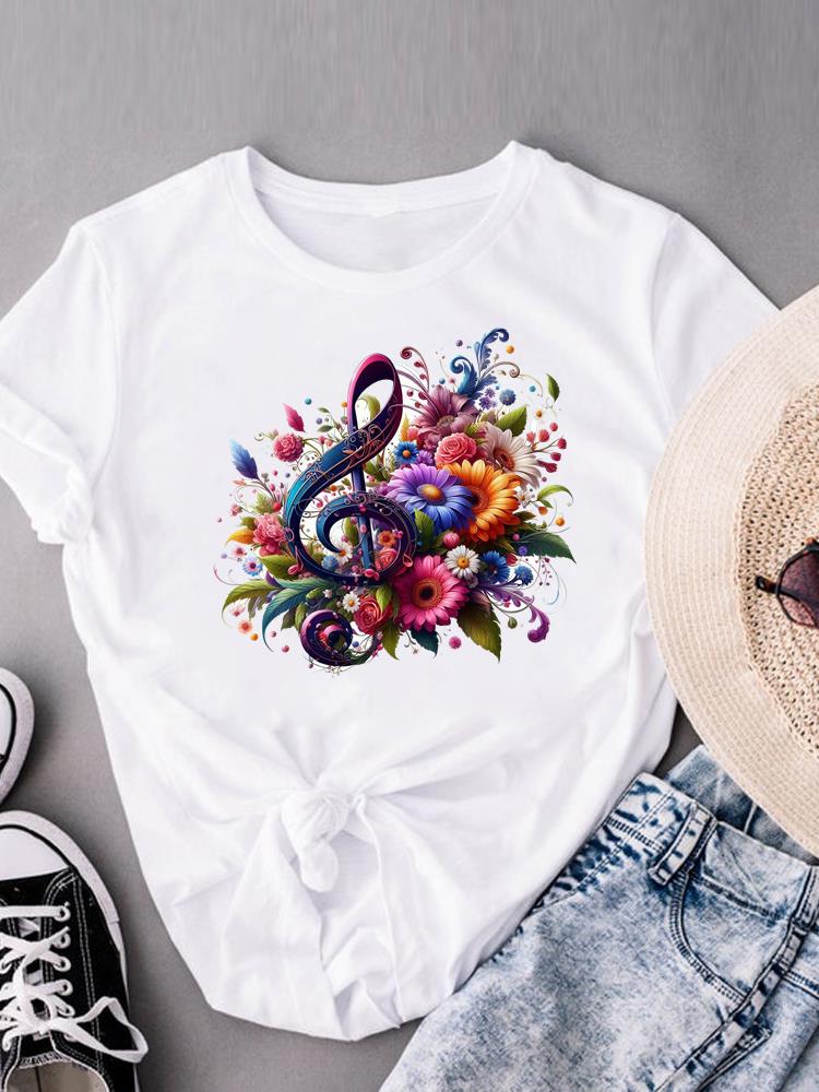 (Asian Size) Clothing Lovely Flower Style Trend Print Female Casual Short Sleeve Fashion T Women's Top Graphic Tee T-shirts