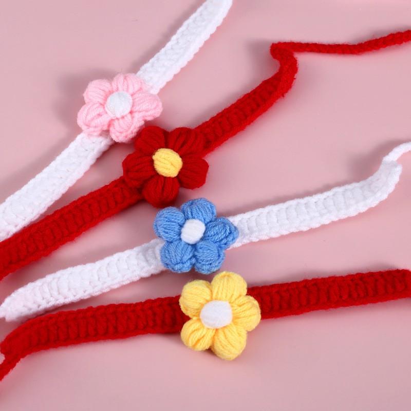 Handmade Knitted Pet Collar With Puff Flower Decor Adjustable Cats Dogs Fall Winter