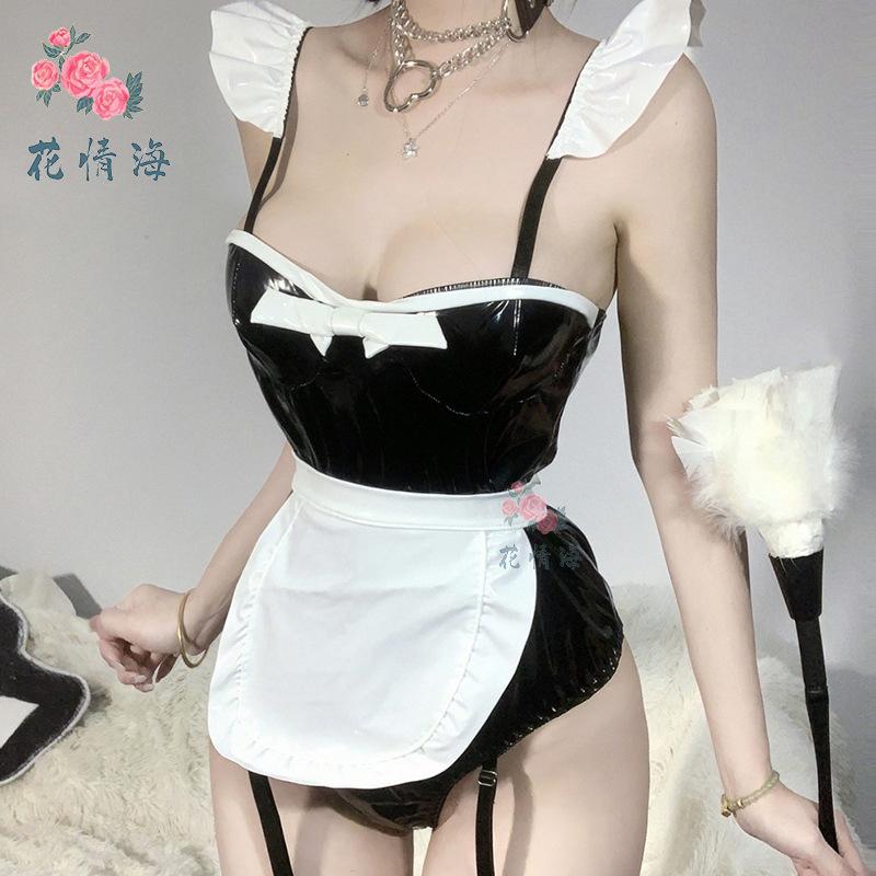 Sexy two-dimensional maid role sexy cook maid patent leather onesie seduction outfit