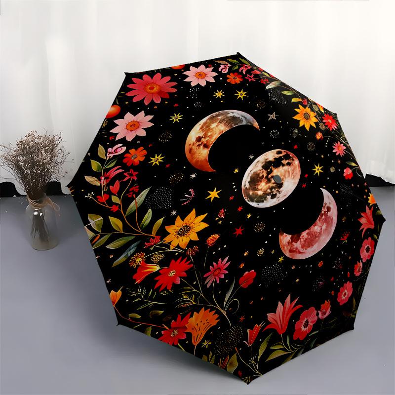Floral Moon Phases Theme 8 Bone Hand Automatic Folding Umbrella, Compact and Portable Design, A Perfect Gift for Birthday, Christmas or Busi