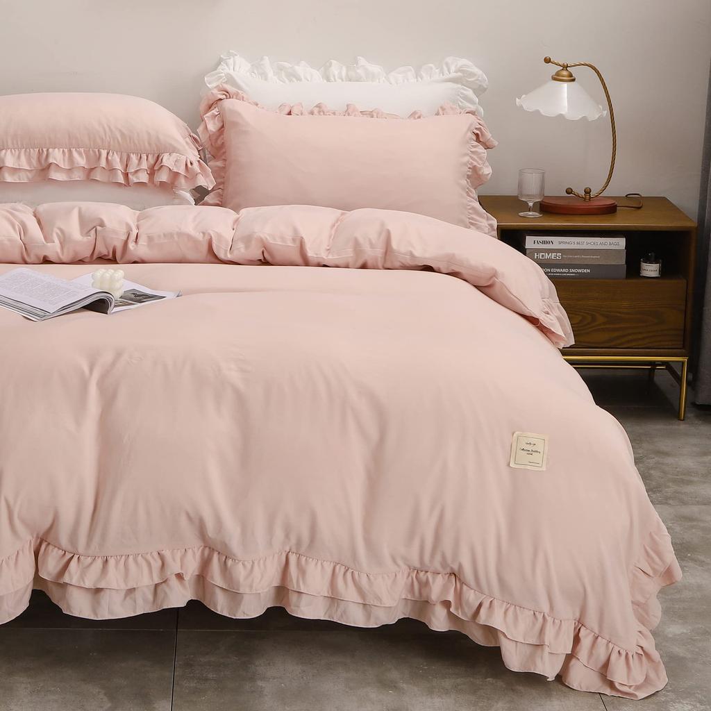 HOLOEE Bedding Set with Washed Cotton Duvet Fitted 6 Colors Cover, Pillowcases, Sheet, Western-Style, Quick-Drying, Ruffled, Cute, Stylish, (Double,