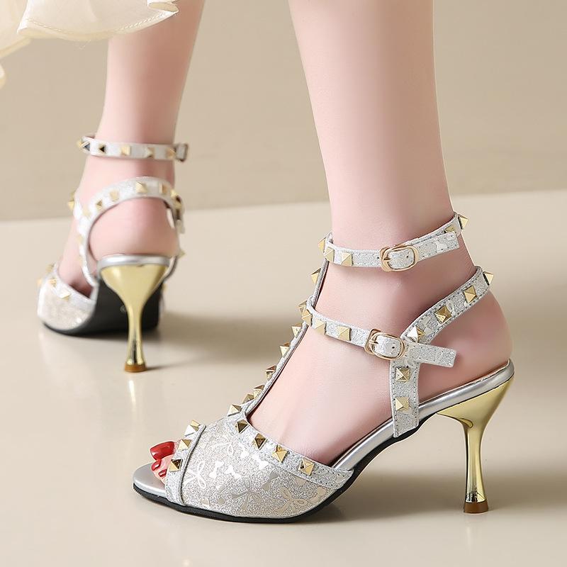 Fashion Women Thin Heels Top Quality Shoes Front Open Toe Sandals With Studs Microfiber Leather Sewing Pumps American And European Style