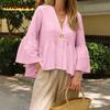 Women's Fashion Casual Solid Color Print Long Sleeve V Neck Blouses & Shirts