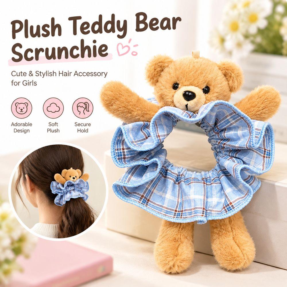 Gingham Plush Bear Scrunchie Scrunchie Hair Accessory Plush Hair Band Ear Fluffy Ponytail Holder